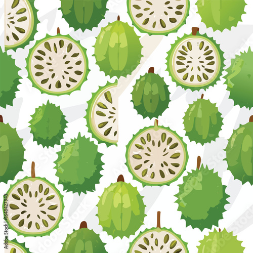 Seamless pattern of green custard apples, some whole and some sliced, on a white background.