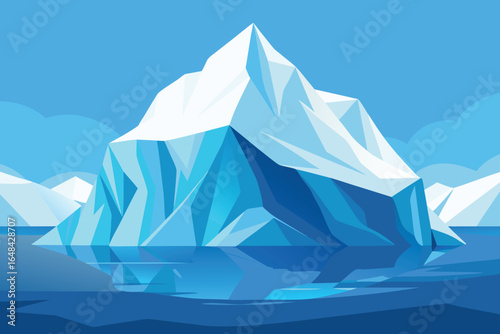 Large Triangular Iceberg Floating in Blue Waters, Snowy Peaks in the Background, Illustration