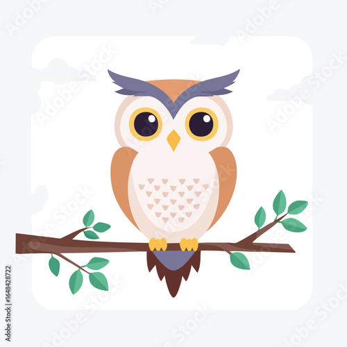 An adorable cartoon owl with big eyes perched on a tree branch, looking forward.