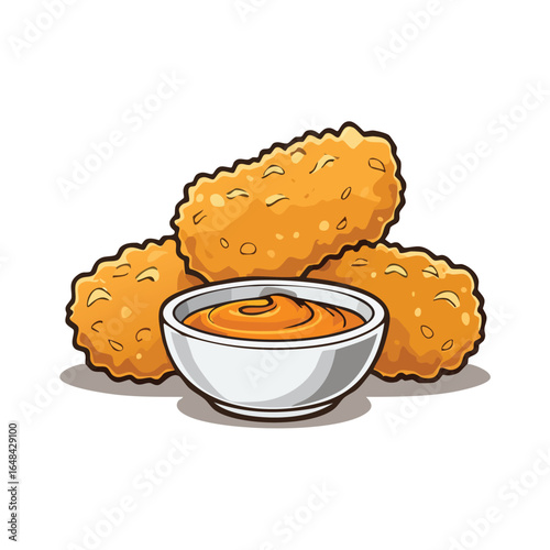 Close-up illustration of golden fried chicken tenders with a small bowl of dipping sauce.