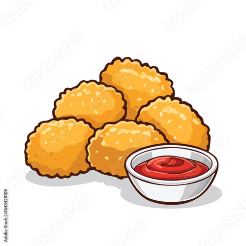 Illustration of a pile of golden fried chicken nuggets with a small bowl of red ketchup.