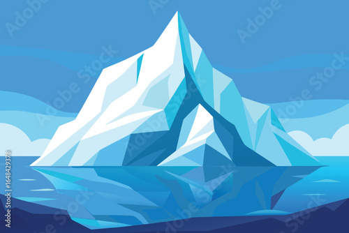 Polygonal Iceberg Floating in Cold Blue Water with Sky Reflections and Coastline View