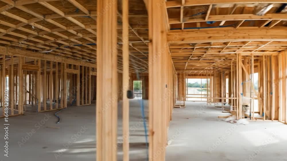 Interior framing of new building construction wood framework Interior framing of new building construction wood framework