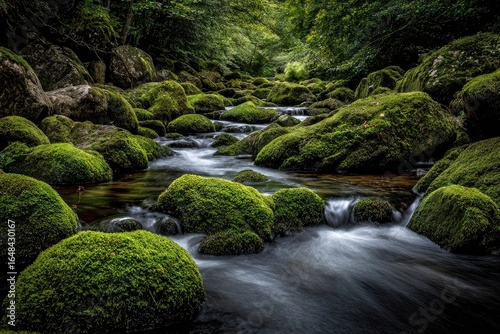 Forest stream, mossy rocks, flowing water