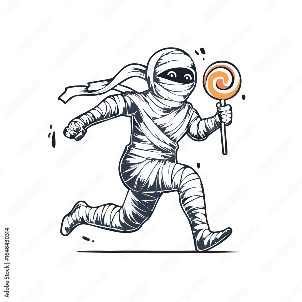 Fototapeta premium Cartoon illustration of a running mummy holding a lollipop, perfect for Halloween.