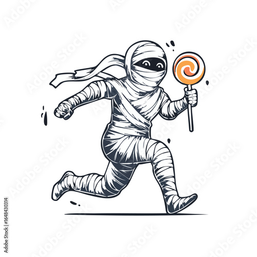 Cartoon illustration of a running mummy holding a lollipop, perfect for Halloween.