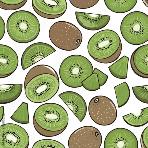 Seamless pattern of kiwi fruit slices and whole kiwis on a white background, vector illustration.