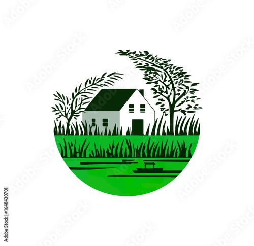 Rural house by water illustration