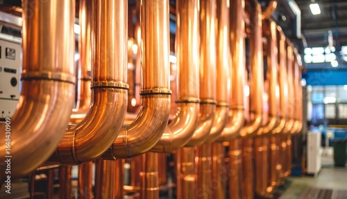 Gleaming copper pipes in industrial setting