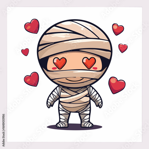 Cute cartoon mummy character with heart-shaped eyes surrounded by floating red hearts, in love.