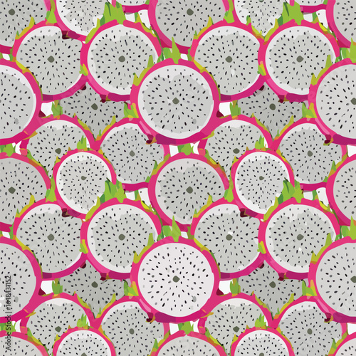 A vibrant pattern showcasing numerous dragon fruit halves, revealing their white flesh and black seeds.