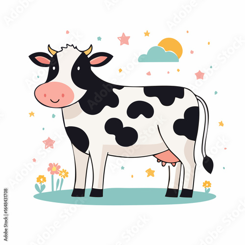 A charming illustration of a black and white cow standing in a field with flowers and stars.