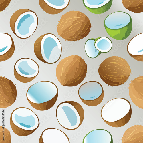 An artistic illustration showcasing a vibrant pattern of fresh coconuts, both whole and halved, on a light background.