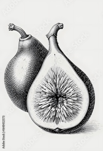 Intricate Black and White Illustration of Two Figs, One Sliced Open Revealing Detailed Seeds and Texture,  Exquisite Botanical Art