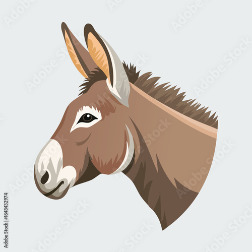 Illustration of a donkey's head in profile, showcasing detailed features and a neutral background.