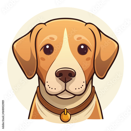 A charming cartoon illustration of a dog with a brown collar and a golden tag, set against a soft, circular background.