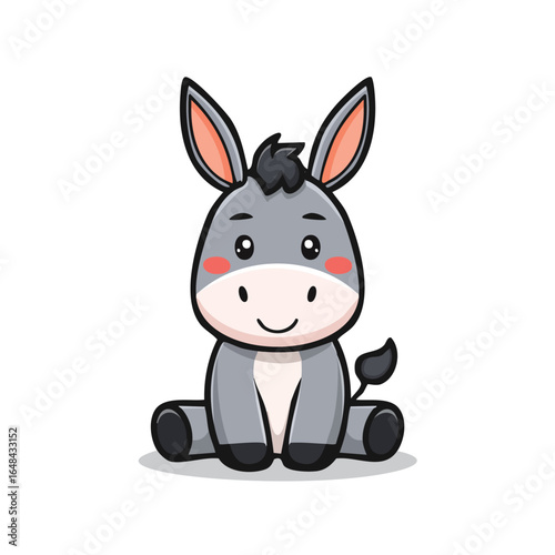 Cute cartoon illustration of a sitting donkey with a happy expression and rosy cheeks.