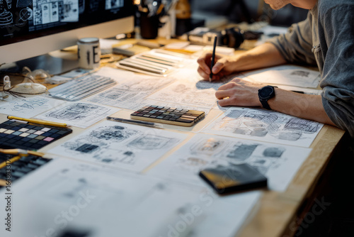 A creative studio with sketches and devices on the desk A designer uses AI to speed up the design process