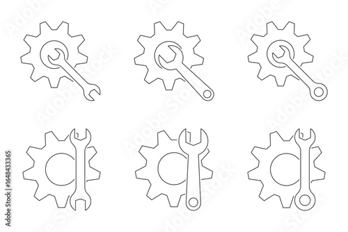 Gear in one line art style. Gear drawing with editable black stroke on white background. Outline gears vector. Setting, cogwheel, gear icon element set. Gears shapes line icons. Vector illustration.