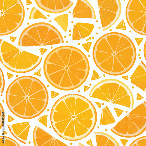Vibrant illustration of various orange slices and segments, creating a bright and cheerful pattern.