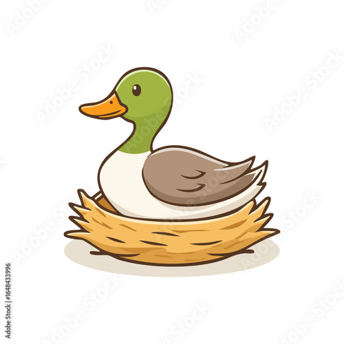 Cartoon illustration of a duck sitting in a nest, with a green head and orange beak.