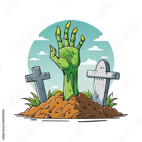 Cartoon illustration of a zombie hand emerging from a grave with tombstones and grass.