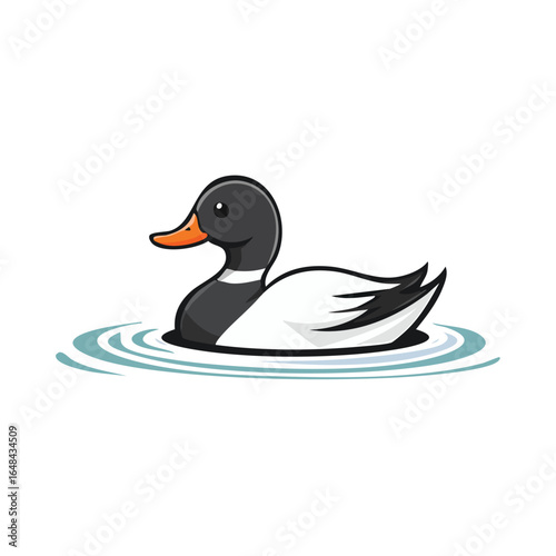 Cartoon illustration of a duck swimming in the water, with white feathers and a black head.