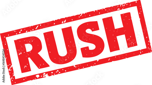 Red RUSH Text Inside Distressed Red Square Stamp Frame on White Background, Imperfect Edges