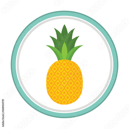 Illustration of a pineapple inside a white circle with a light blue border, a tropical fruit.