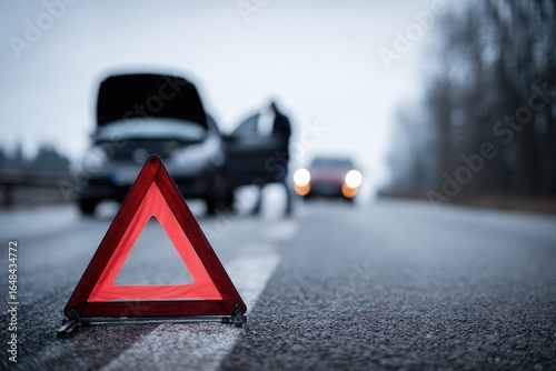 Broken-down car on highway. Warning triangle in place