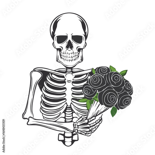 A detailed illustration of a skeleton holding a bouquet of black roses, a gothic design.