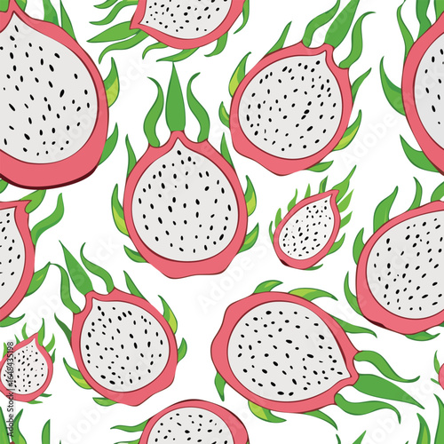 Seamless pattern of dragon fruit slices with white flesh and black seeds on a white background.