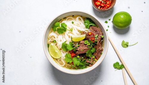A delicious bowl of beef pho with fresh herbs and lime, A tantalizing top-down view of flavorful Vietnamese noodle soup, garnished with vibrant toppings