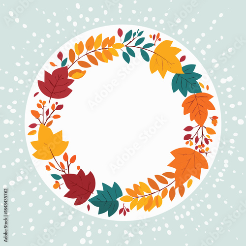 A colorful autumn wreath with various leaves and berries arranged in a circular pattern.