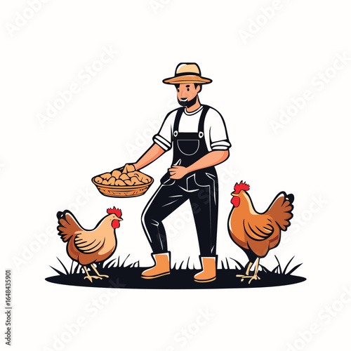 A farmer in overalls holding a basket of food, surrounded by two chickens on grass.