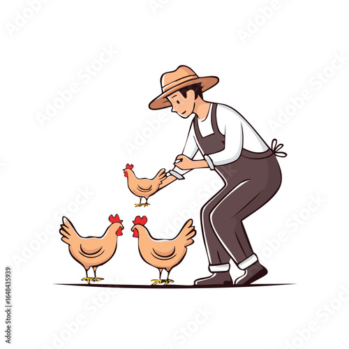 A farmer in overalls and a hat interacting with three chickens on a white background.