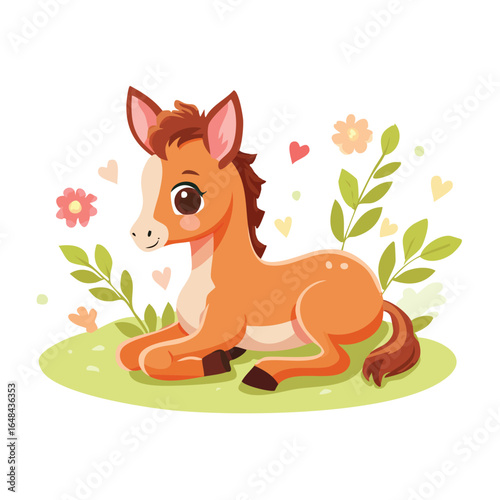 A cute cartoon illustration of a baby horse resting on a grassy area with flowers and leaves.
