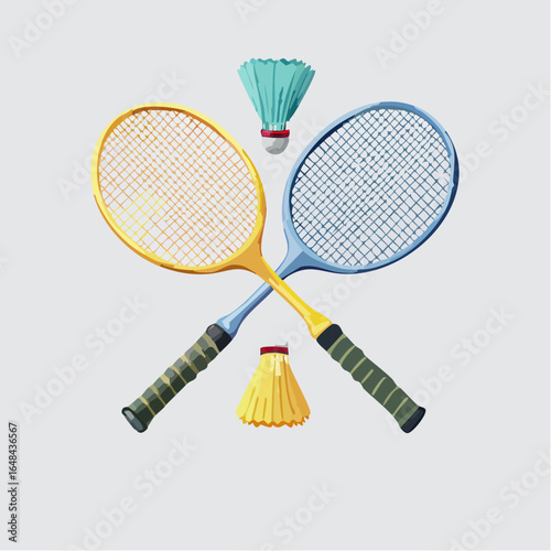 Isolated 3D vector of two crossed badminton rackets with shuttlecocks. Playful cartoon design for sports, games, and leisure activities.