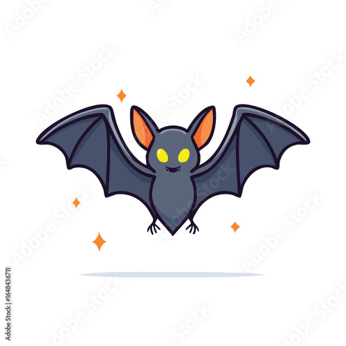 Cute cartoon bat with spread wings, orange ears, and glowing yellow eyes, surrounded by stars.