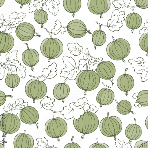 Seamless pattern featuring a repeating design of green gooseberries with leaves on a white background.