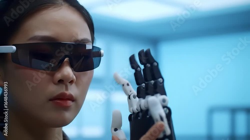 Young Woman Wearing Virtual Reality Glasses Interacting with a Robotic Hand in High-Tech Laboratory