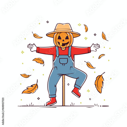 A cheerful cartoon scarecrow with a pumpkin head, wearing overalls, and surrounded by autumn leaves.