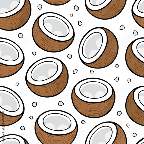 Seamless pattern featuring halved coconuts with white flesh and brown shells on a white background.