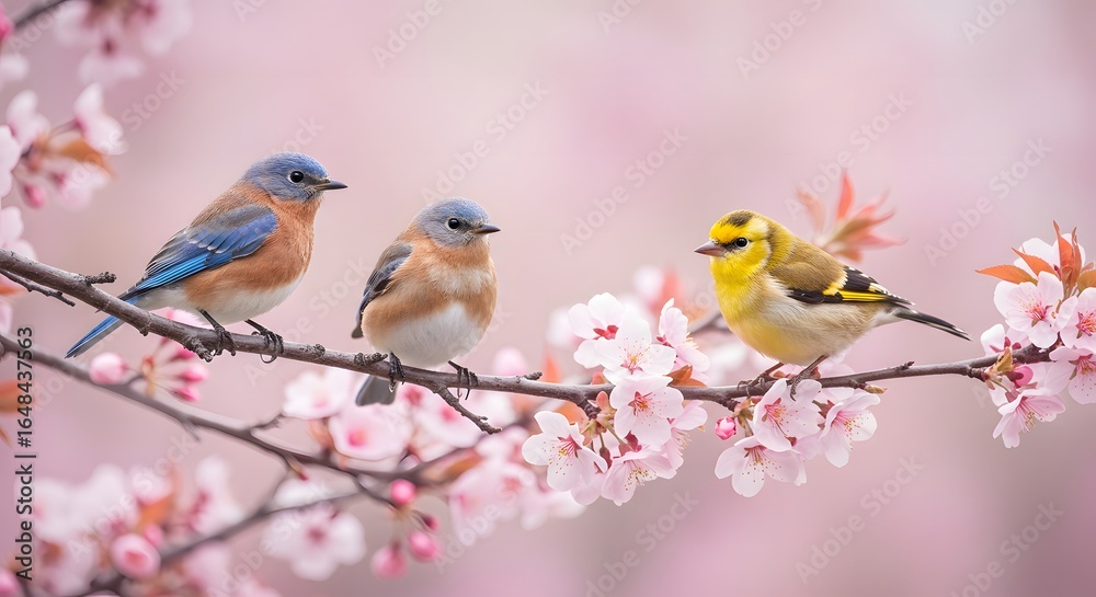 Fototapeta premium Vibrant songbirds, two bluebirds and a goldfinch, perched on a delicate pink cherry blossom branch in spring