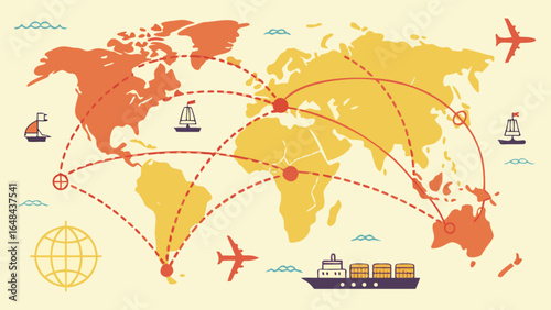 Global logistics and international trade network map with shipping routes and transportation methods shown