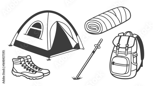 Camping gear essentials vector illustration featuring tent backpack sleeping bag boots and trekking pole design