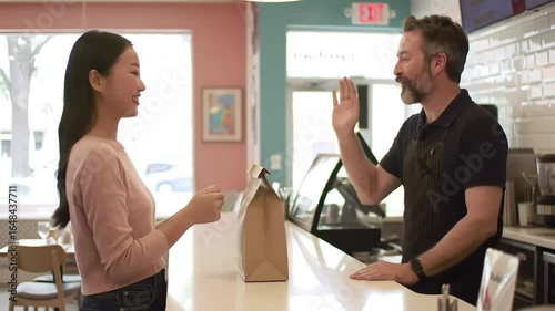 Smiling Male Barista Interacting with Customer in Bright Coffee Shop with Natural Light