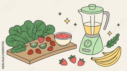 Healthy smoothie recipe illustration with blender spinach strawberries and banana for wellness diet plan