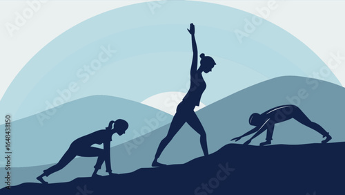 Yoga poses and stretching exercises outdoor with mountain background for wellness and healthy lifestyle