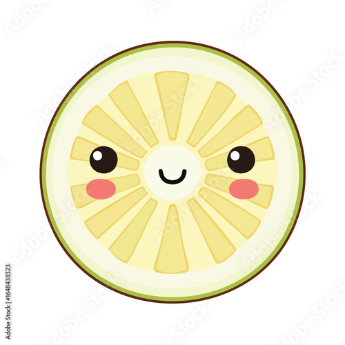 A cheerful cartoon illustration of a sliced citrus fruit with a smiling face and rosy cheeks.